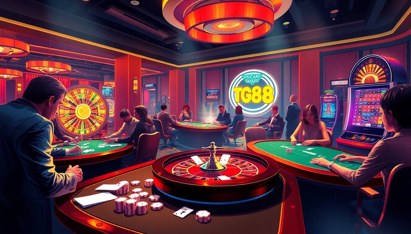Players enjoying exciting games at Nhà Cái TG88 casino, featuring vibrant tables and slot machines.