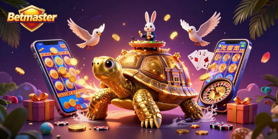 Betmaster showcases fun gameplay with a giant tortoise casino, rabbit dealer, and golden coin action.