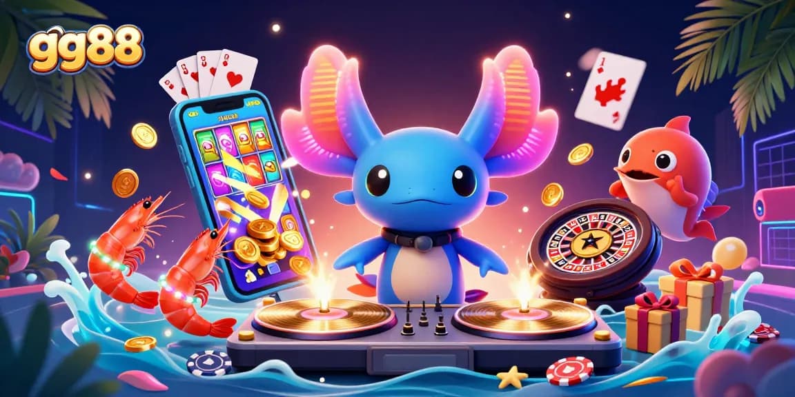 Experience the vibrant world of gg88 with a neon-colored axolotl DJ spinning at an underwater casino.