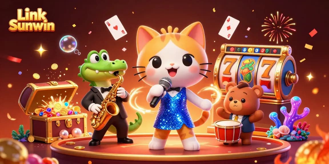 Engage in thrilling fun with Link Sunwin at this vibrant casino scene featuring an animated jazz-singer cat and friends.