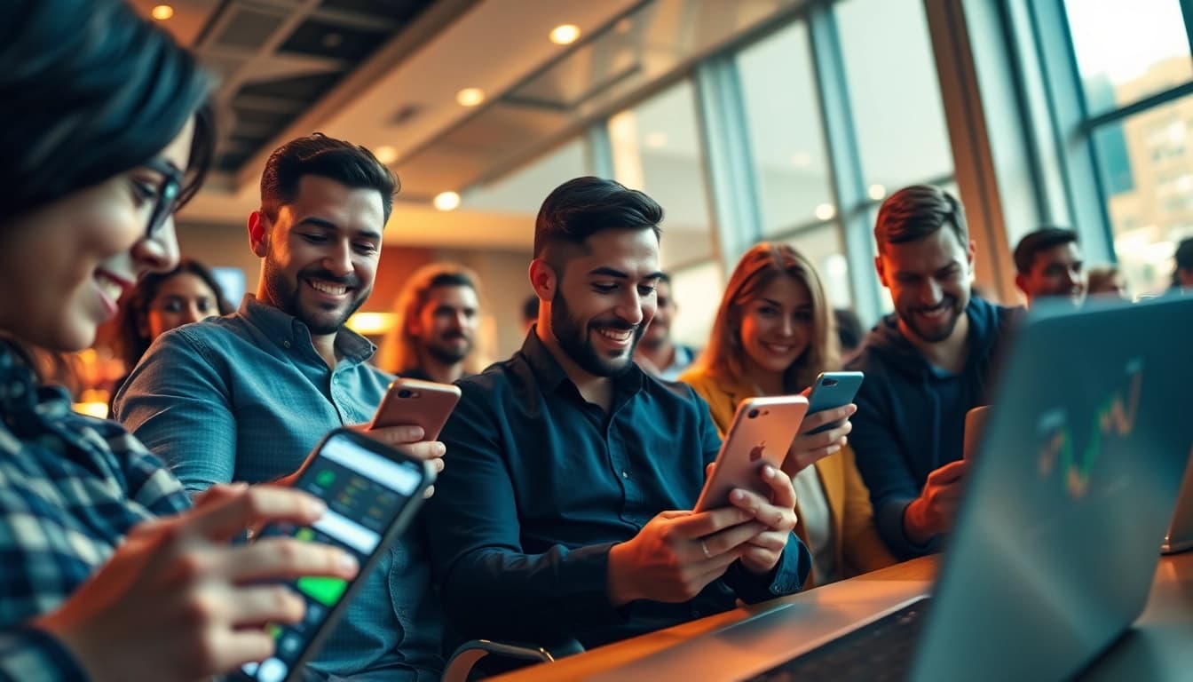 Diverse players engaging with online betting platforms at 79king, showcasing excitement and advanced technology.