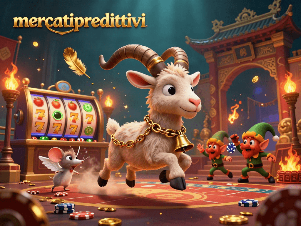 Engage in the world of mercati predittivi with a thrilling casino scene featuring a Krampus goat and mischievous elves.