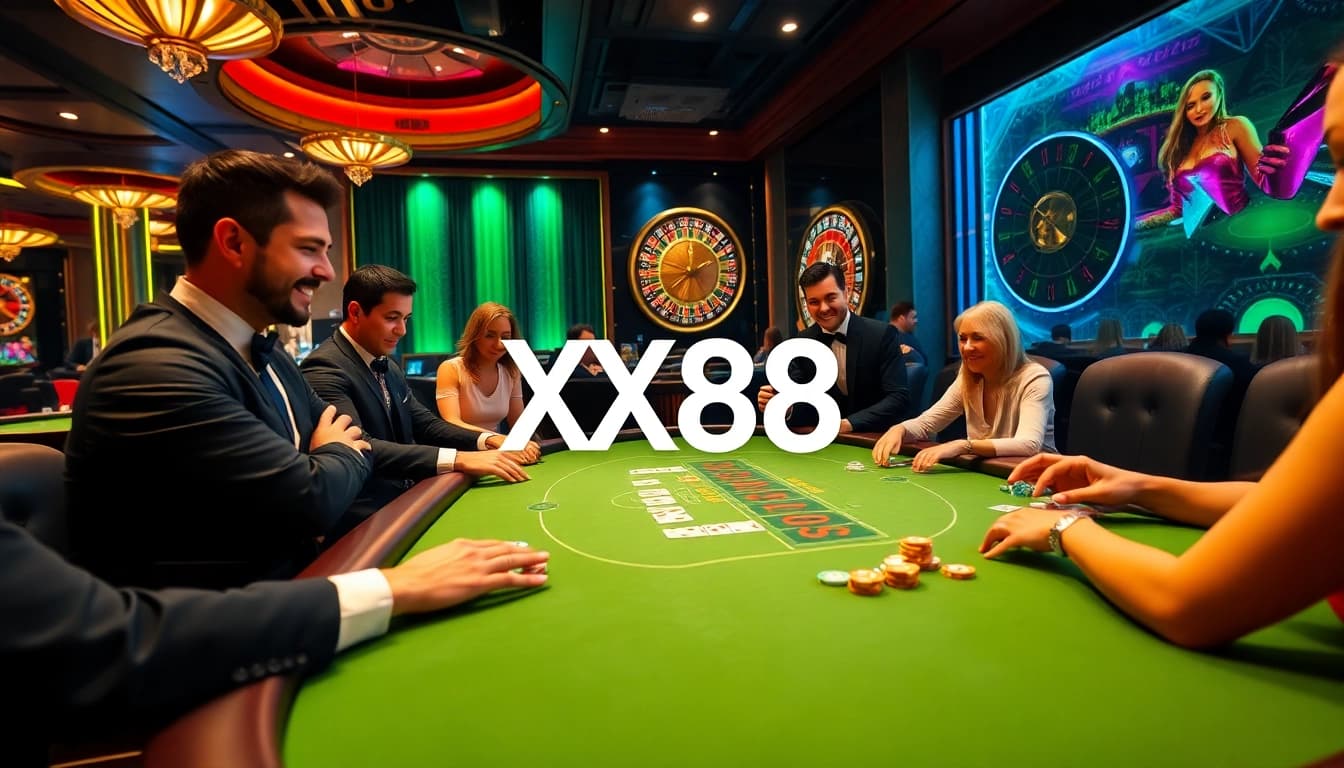 Players enjoy an exciting poker game at XX88, showcasing luxury and thrill in online gambling.