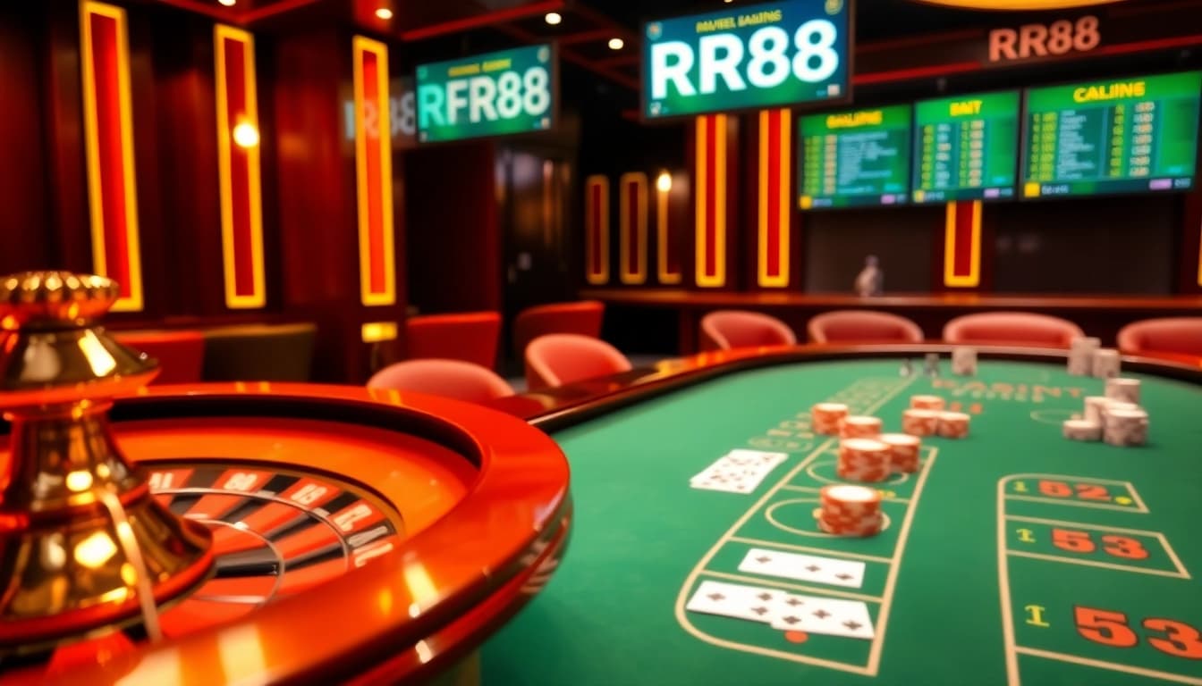 Experience the excitement of RR88 with a luxurious casino setting featuring roulette, poker, and betting options.