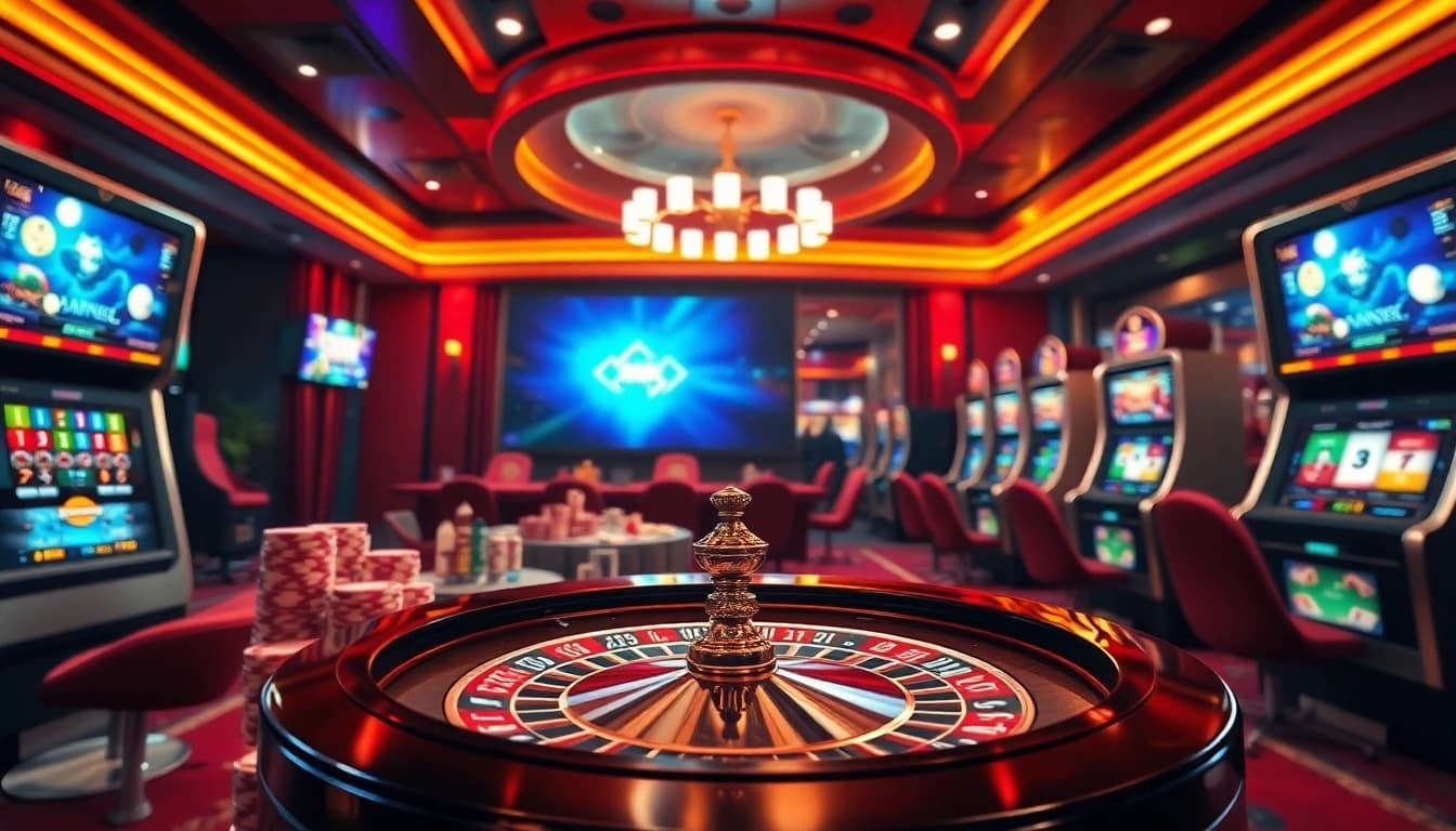 Experience the excitement of ink vao 12bet with a vibrant casino interface showcasing poker chips and slot machines.