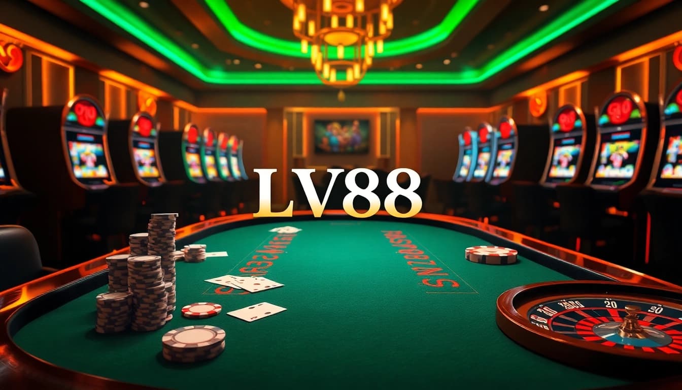 Experience the thrill of gambling at LV88 with professional casino elements like poker chips and roulette wheels.