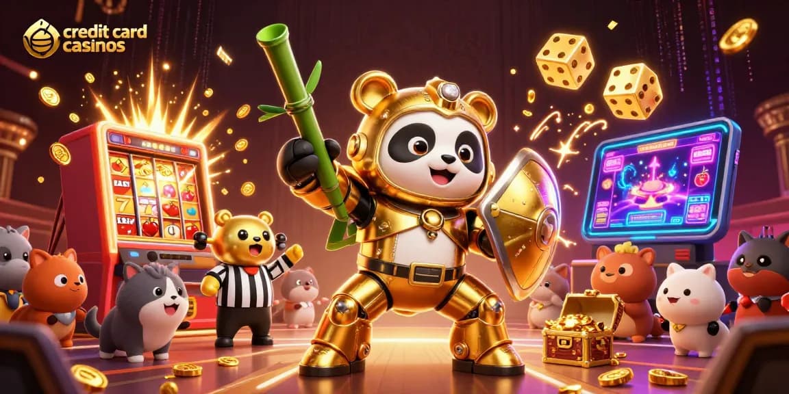 Engage in exhilarating gameplay at credit card casinos with vibrant illustrations of golden pandas and slot machines.