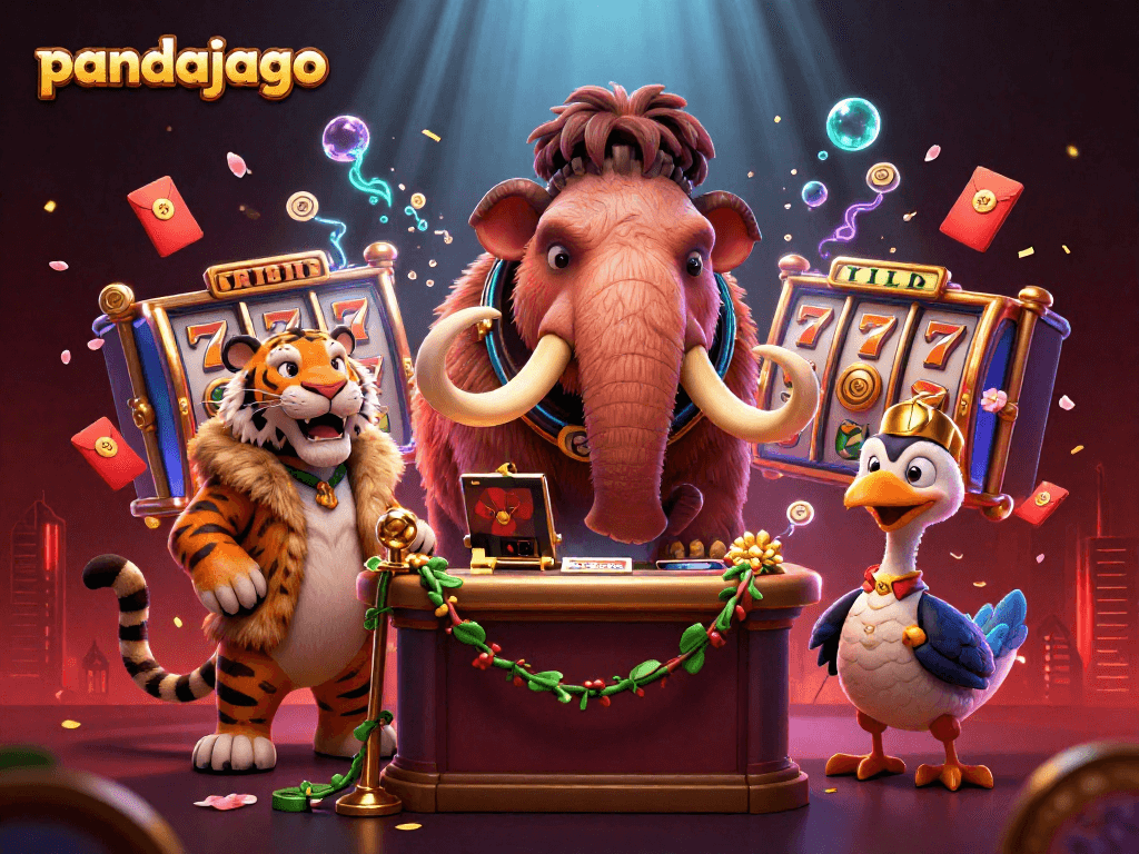 Pandajago menampilkan gajah berbulu 3D sebagai petugas keamanan kasino dengan simbol jackpot berkilauan di sekitarnya.