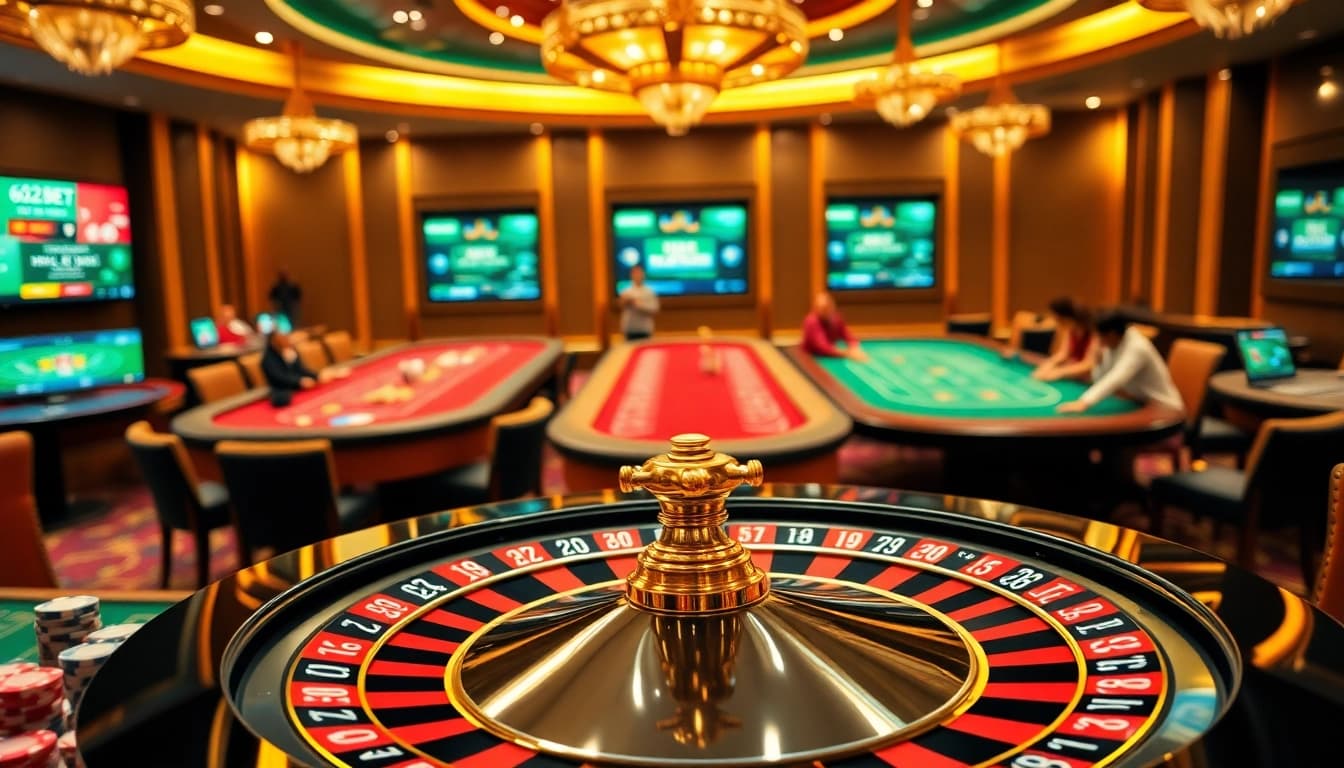 Experience the thrill of online gaming with 622BET's vibrant casino scene featuring roulette and poker.