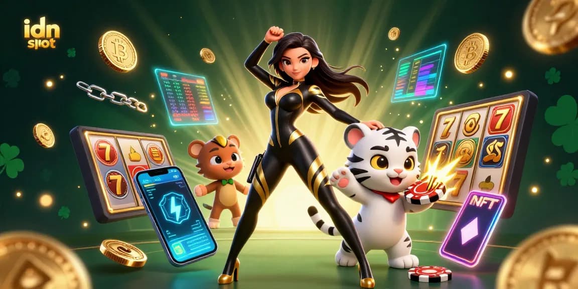 Experience idn slot excitement with a stunning scene featuring animated characters, vibrant casino elements, and striking illumination.