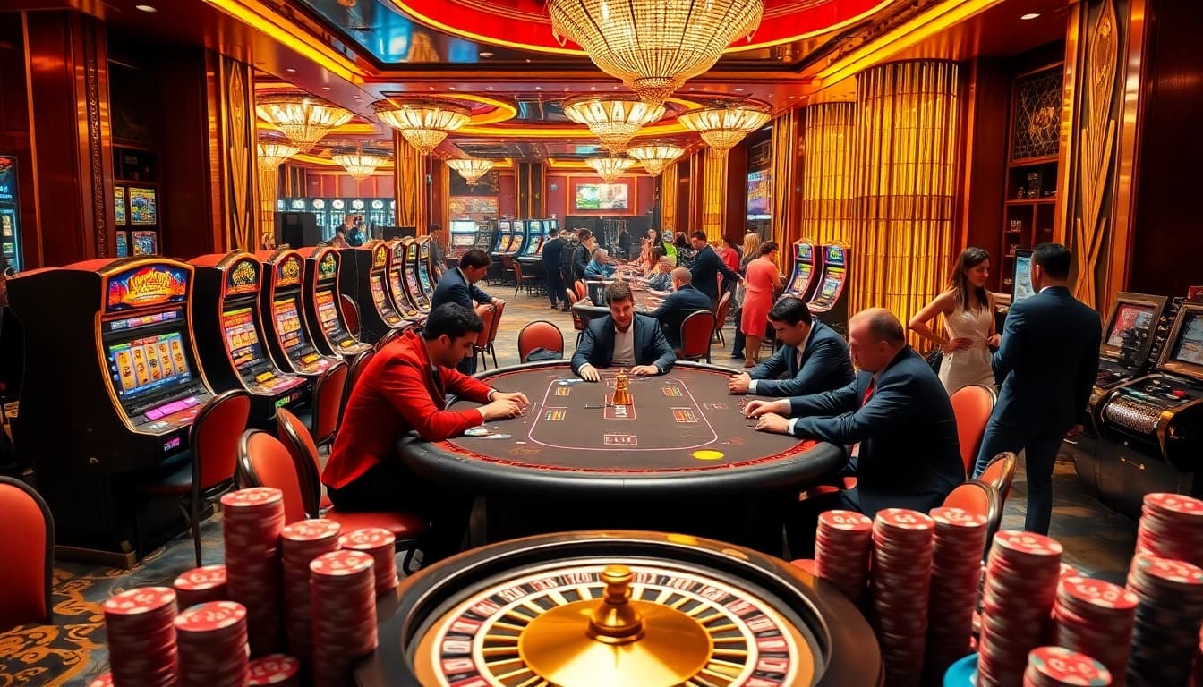 Rasakan suasana mendebarkan birutoto dalam latar kasino mewah, menampilkan pemain poker dan mesin slot.