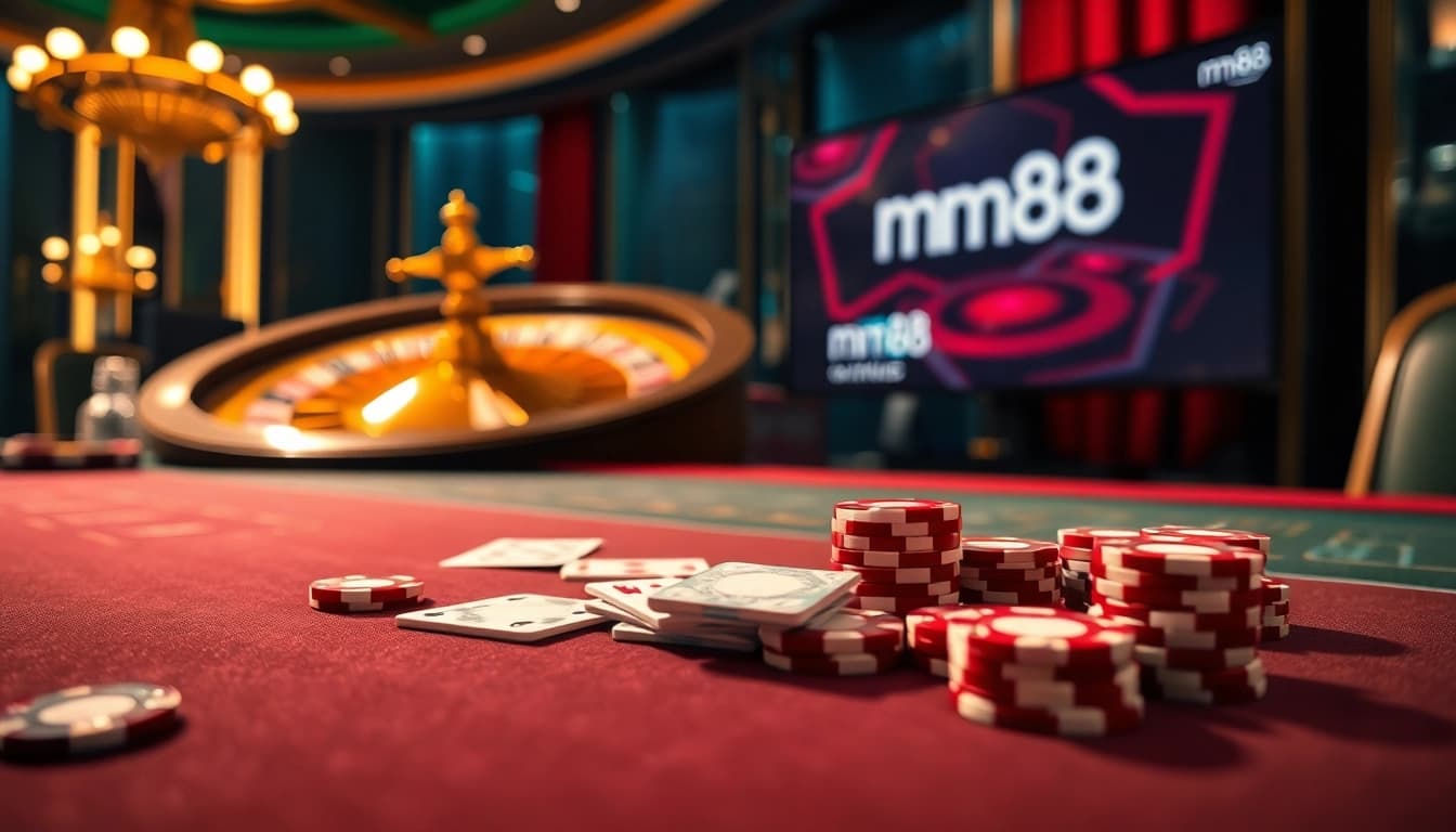Engaging casino scene showcasing mm88 online gambling with poker chips and roulette wheel.