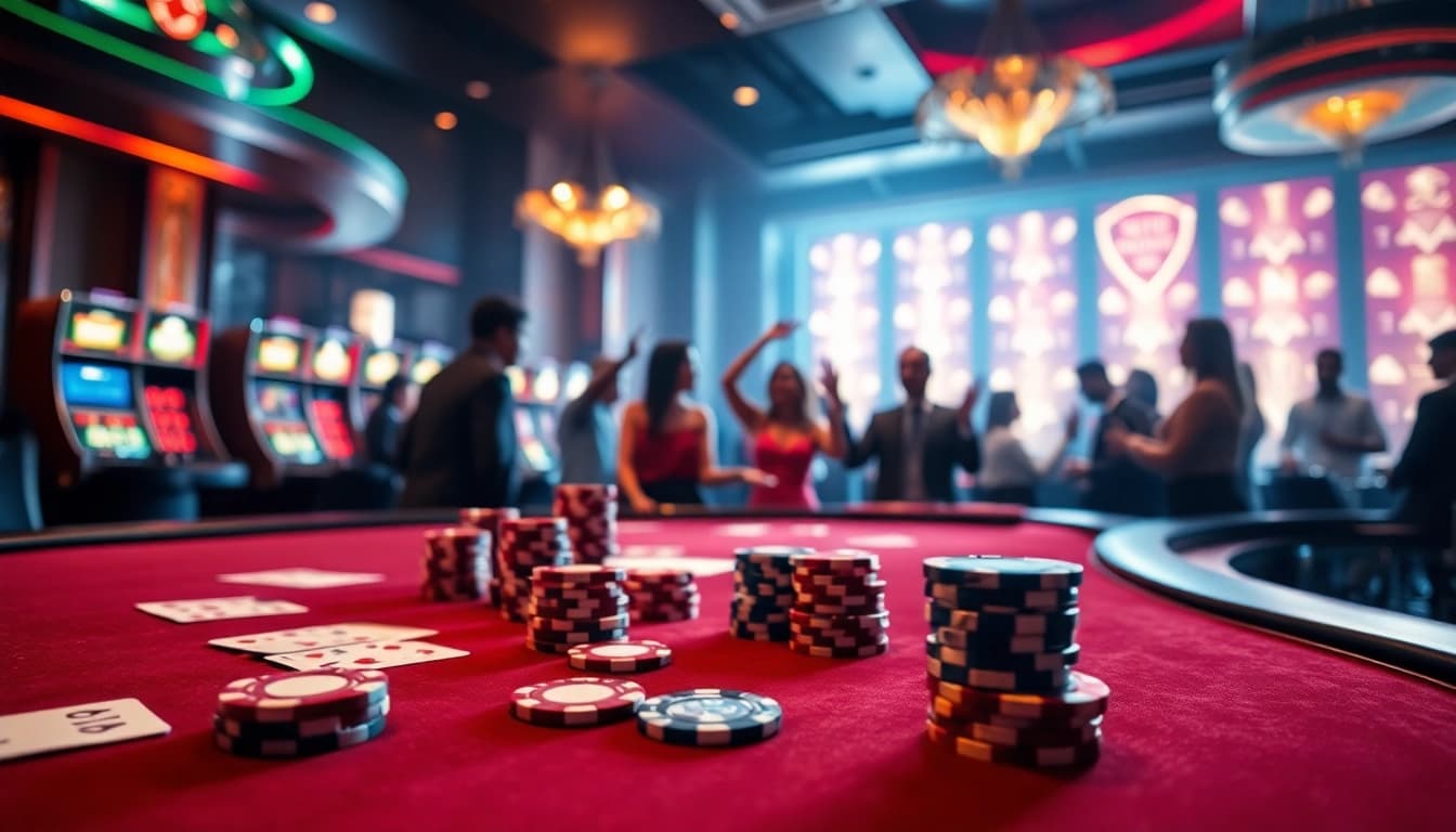 Experience the thrill of gambling at 222BD with poker chips and a vibrant casino table.