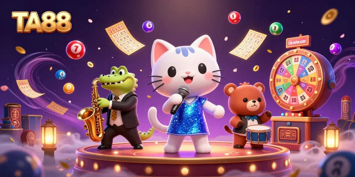 TA88 offers exciting gaming with a lively cartoon jazz-singer cat and friends on stage, creating a vibrant casino atmosphere.