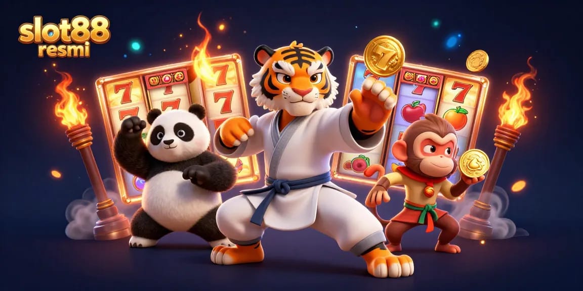 Engage with slot88 resmi in a vibrant scene of luck and fortune, featuring a kung fu tiger master amidst dynamic slot symbols.