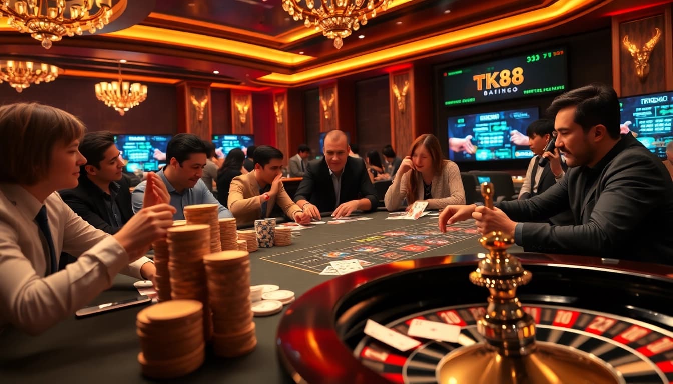 TK88 players engaged in intense poker action with vibrant casino elements and rich ambiance.