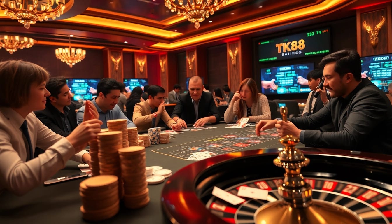 TK88 players engaged in intense poker action with vibrant casino elements and rich ambiance.