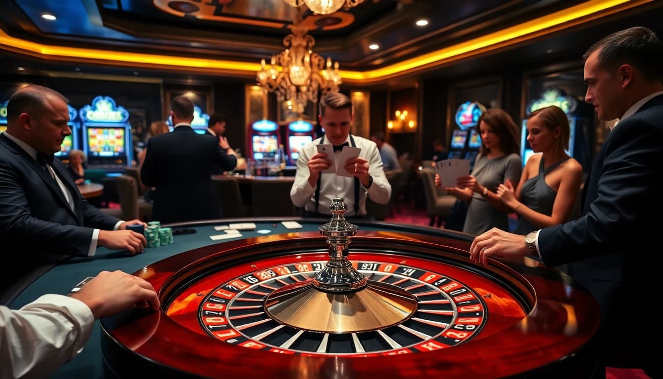 Exciting casino scene showcasing a roulette table with players betting on c1688, vibrant chips, and high-stakes gaming.