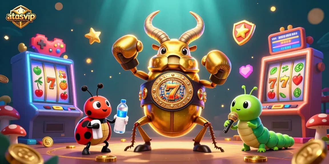 Engage in the exciting world of atasvip casino with a vibrant 3D scene featuring a golden stag beetle and classic slot gameplay.