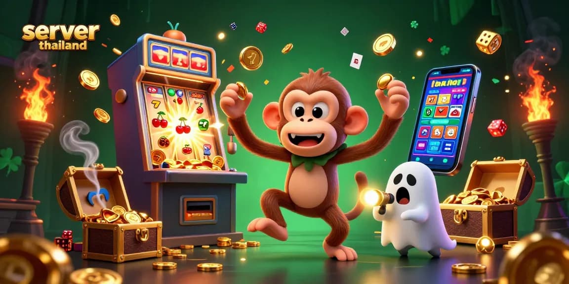 Experience the thrill of winning at server thailand with a poltergeist monkey and ghost-hunter puppy amid dynamic casino symbols.
