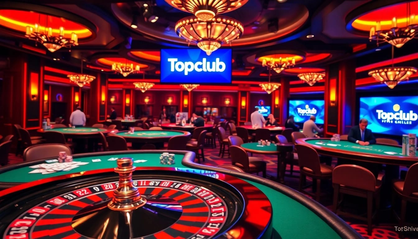 Players enjoy a thrilling gambling experience at Topclub casino, surrounded by poker chips and cards.