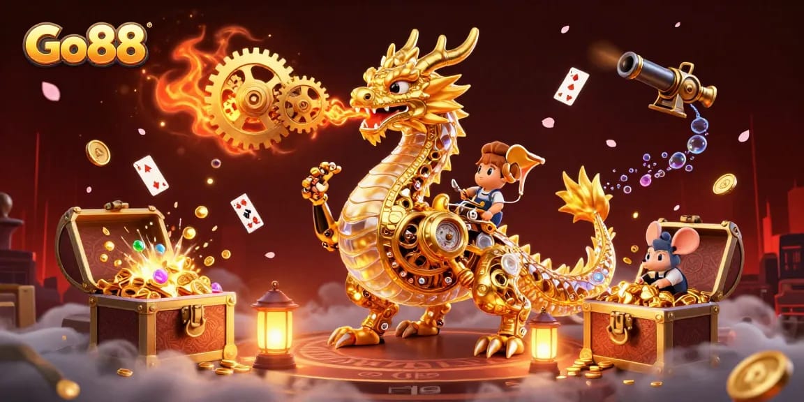 Experience the excitement of Go88 with a detailed illustration showcasing a golden dragon amidst colorful casino elements.