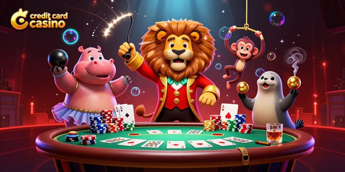 Experience thrilling action at a credit card casino with vibrant characters and poker elements.