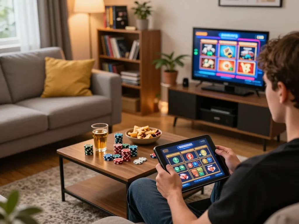 Engaged player attempting slots not on gamstop on a tablet in a cozy home setting.