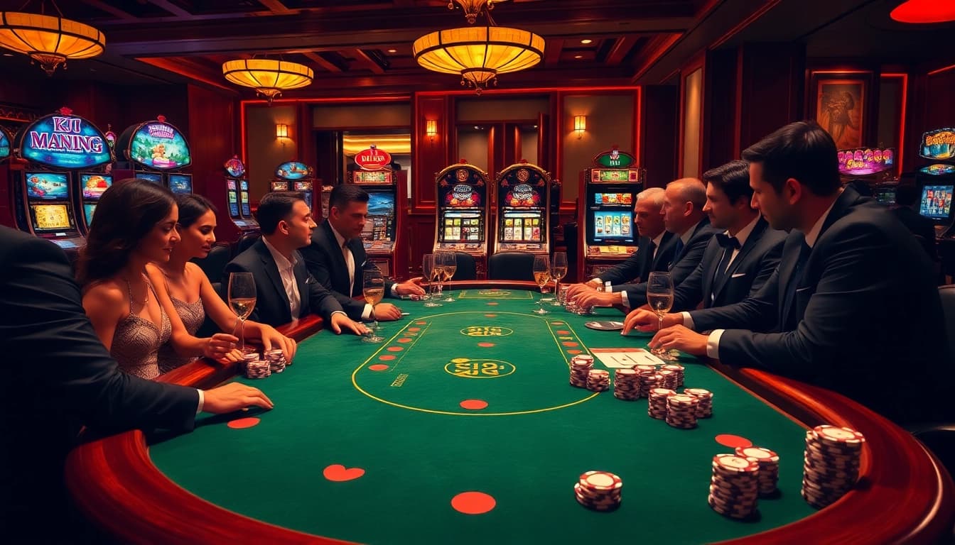 KJC casino scene with players engaged in poker amidst luxurious decor and exciting slot machines.