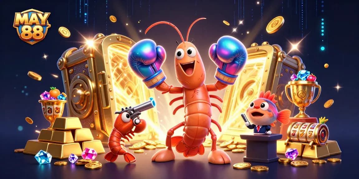 MAY 88 showcases thrilling moments in a vibrant 3D casino scene featuring gold treasures.