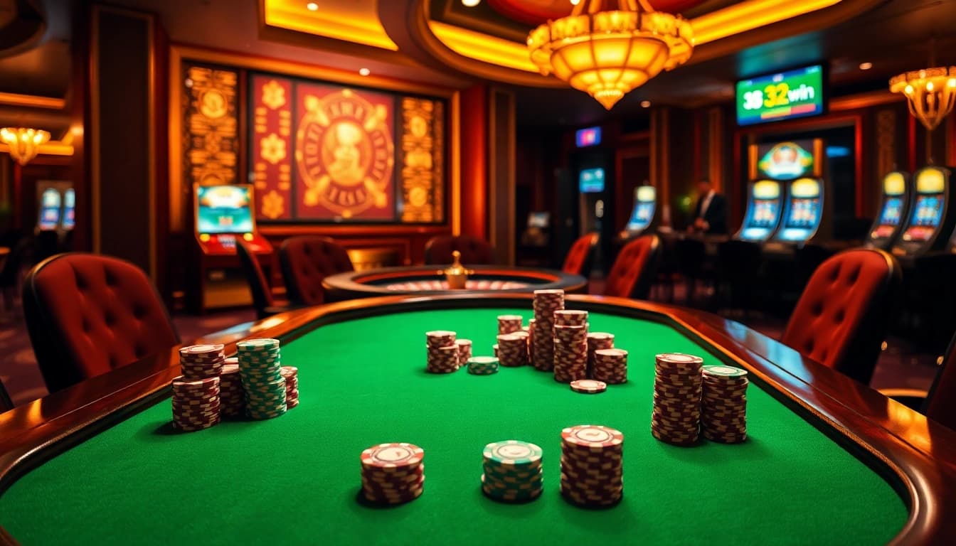 Engaging casino scene showcasing the excitement of 32win with poker chips and a roulette wheel.