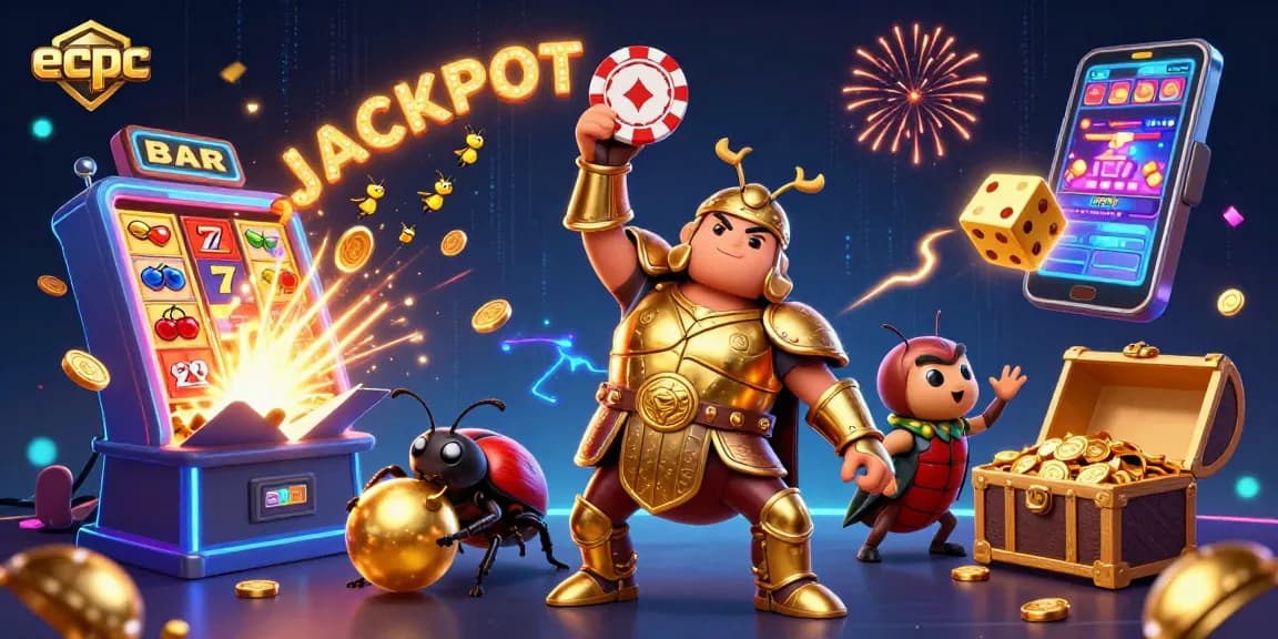 Engage with ecpc's vibrant casino adventure featuring beetle champions lifting poker chips amid jackpot excitement.