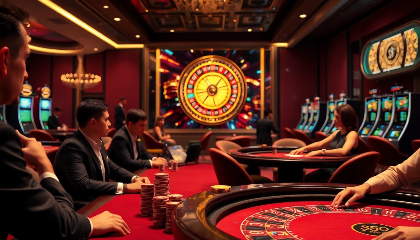 Experience thrilling gameplay with mm88 at high-stakes poker tables amidst a luxurious casino atmosphere.