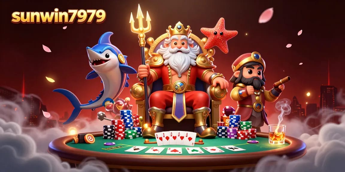 Engage with thrilling games at sunwin7979, showcasing Neptune and samurai in a vibrant casino scene.