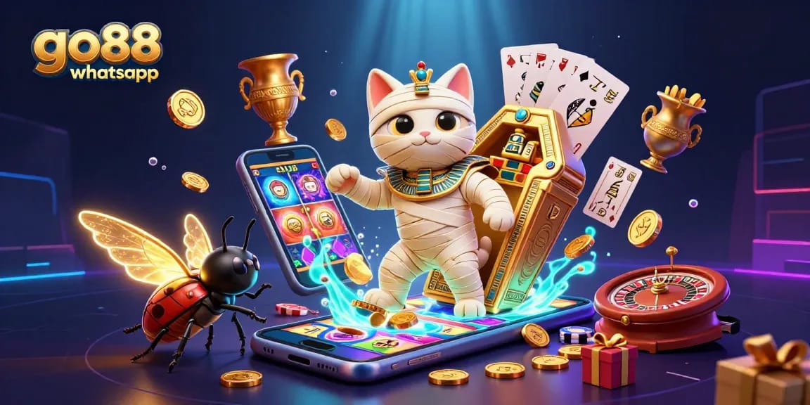 Illustration of a mummy cat with a scarab beetle in a casino, promoting go88 whatsapp.