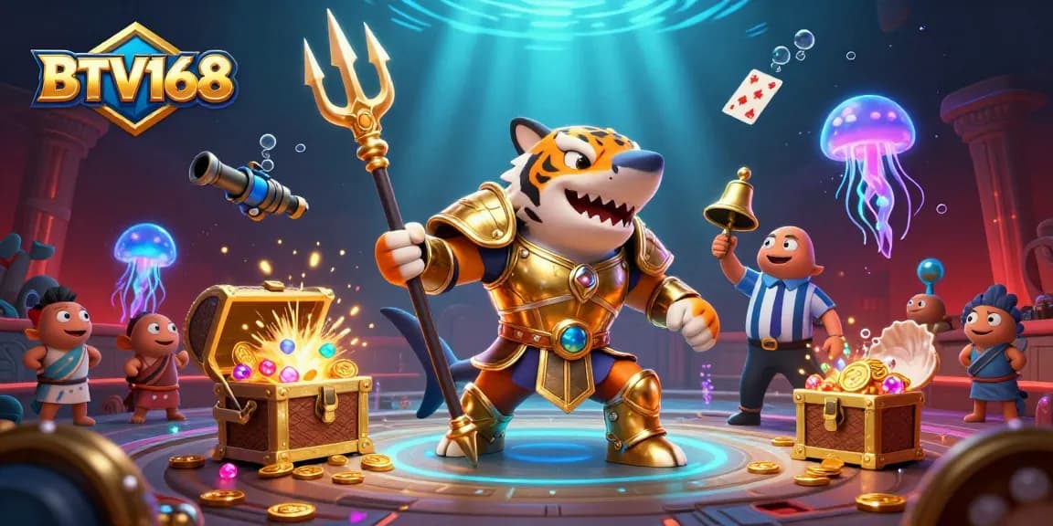 Experience the thrilling BTV168 casino adventure with a cartoon tiger shark in a vibrant underwater colosseum.