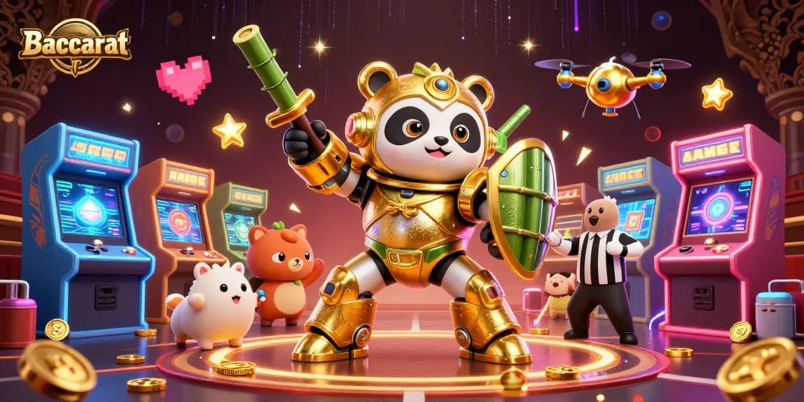 Baccarat mech-suit golden panda battles in a lively casino arena with vibrant arcade elements