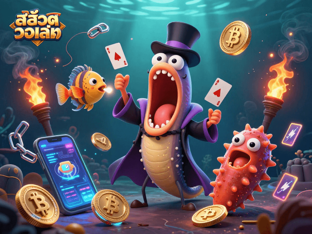 Play exciting สล็อตวอเลท games with a vibrant underwater casino scene featuring magical deep-sea creatures.
