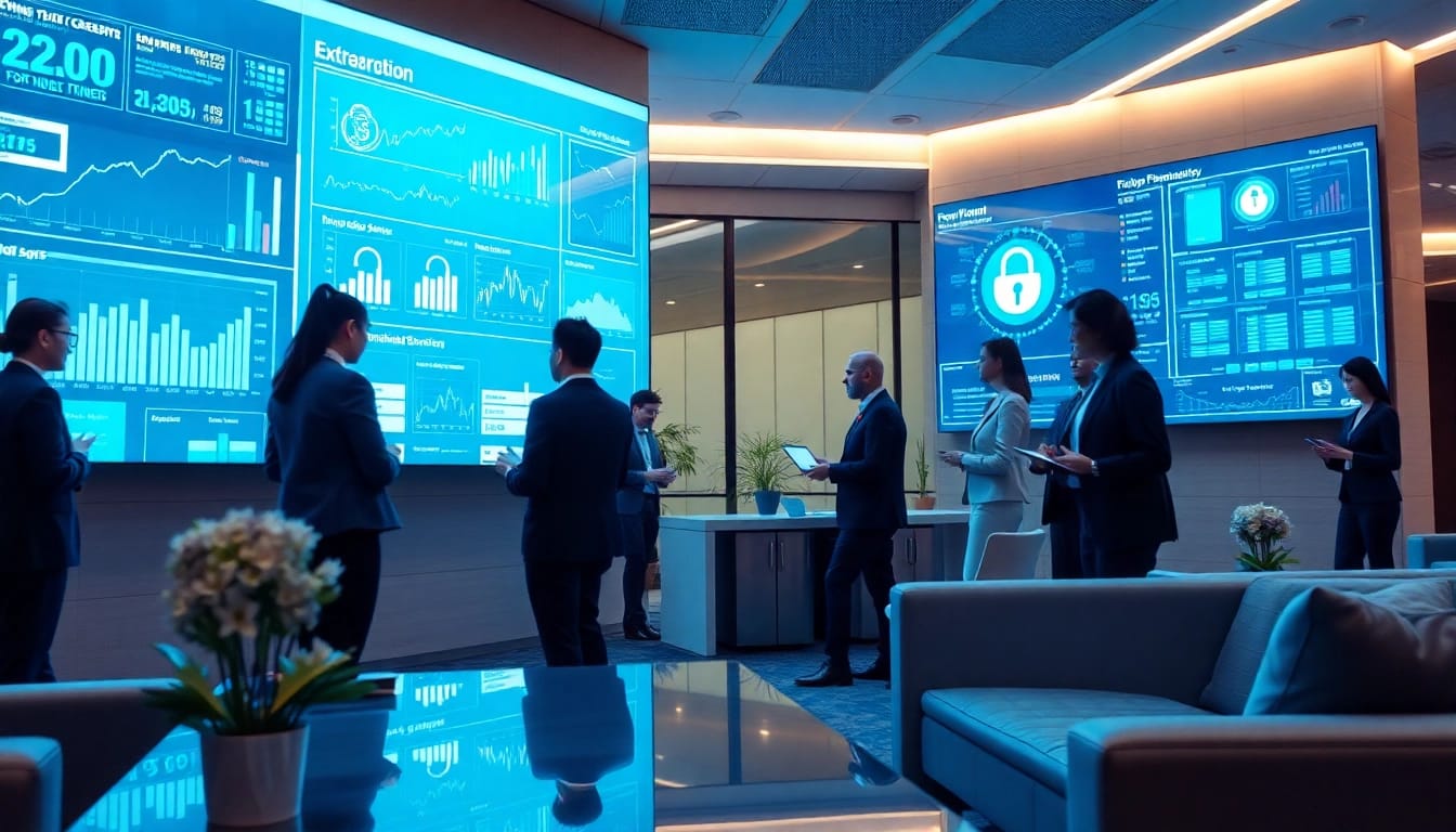Scène dynamique de professionnels en affaires interagissant avec des interfaces financières numériques, illustrant les services en ligne innovants de 79king en 2025