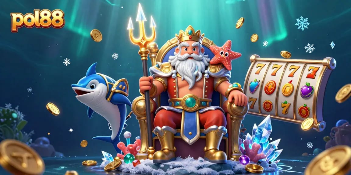 Menang dengan strategi pol88 di kasino online, raja laut dan simbol slot berkilau.