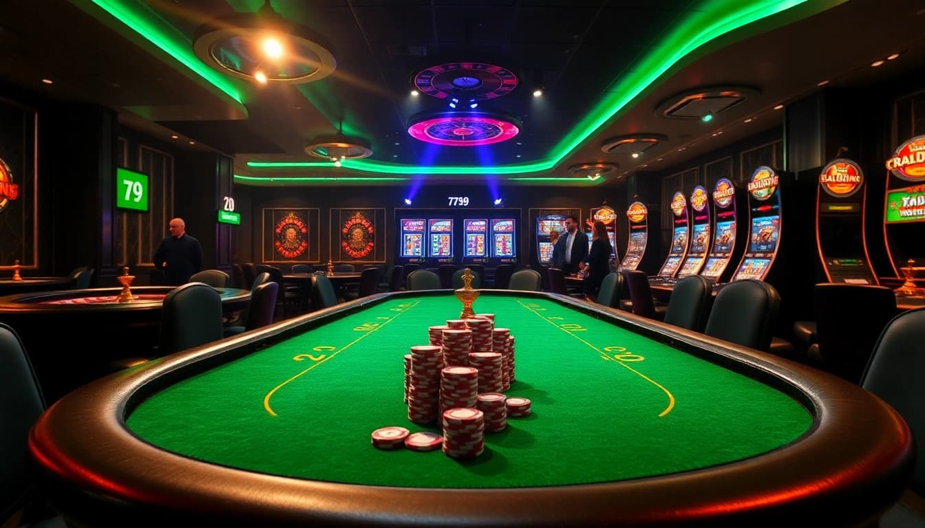 Intense poker action at 79king casino tables featuring premium chips, roulette wheels, and vibrant gambling excitement.