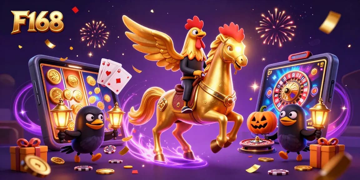 Experience the thrill of F168 with golden rooster characters in a vibrant casino setting, celebrating wins.