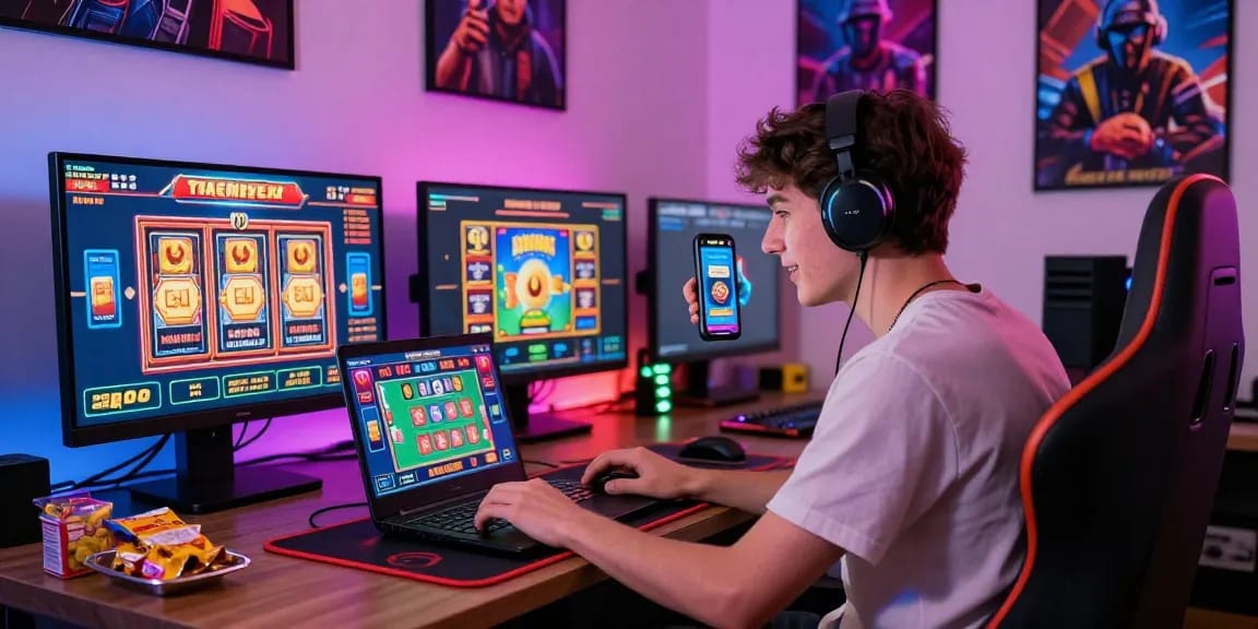 Enthusiastic player at a credit card casino engaging with games on https://brcs.co.uk, showcasing vibrant atmosphere and modern gaming setup.