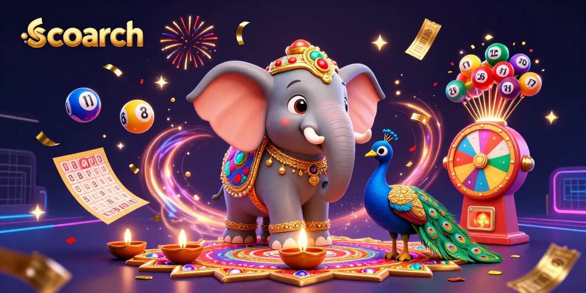 Scoarch showcases a vibrant 3D casino scene with a Diwali-themed elephant and lottery elements, celebrating the gaming spirit.