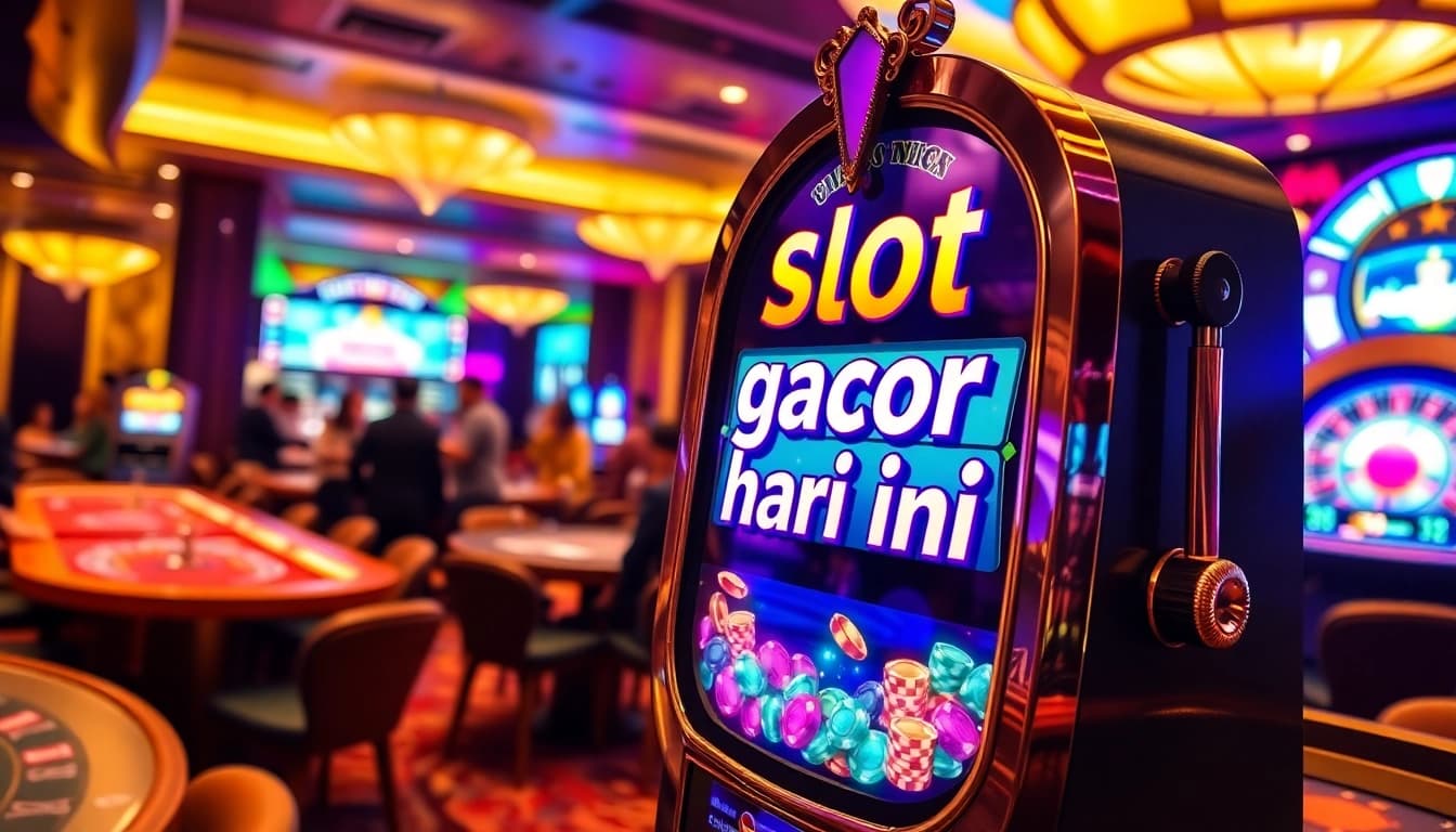 Playing slot gacor hari ini at a luxurious casino with vibrant tables and exciting roulette wheel.