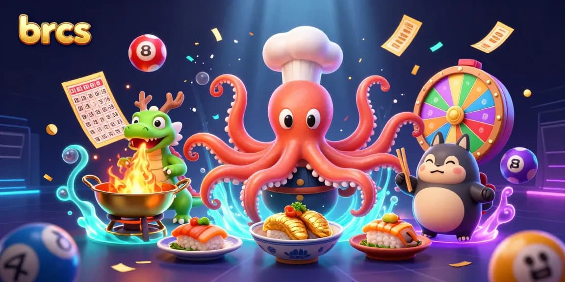 Join the fun at brcs, where a sushi chef octopus prepares dishes amidst dynamic casino game elements.