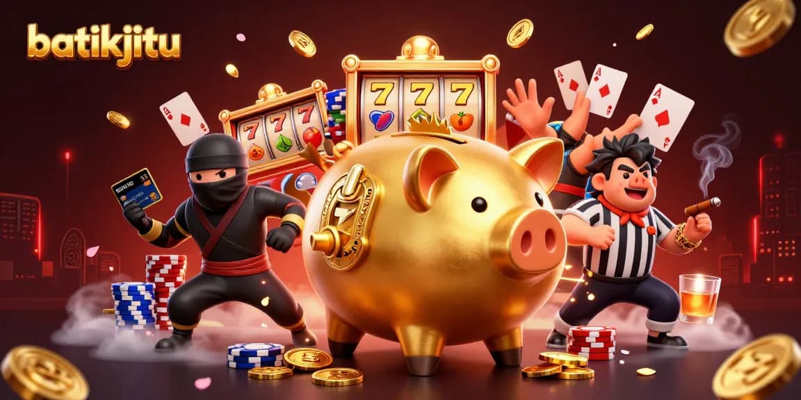 batikjitu, ilustrasi kasino dengan pemain emas dan ninja bersaing di atas meja slot yang mengkilap