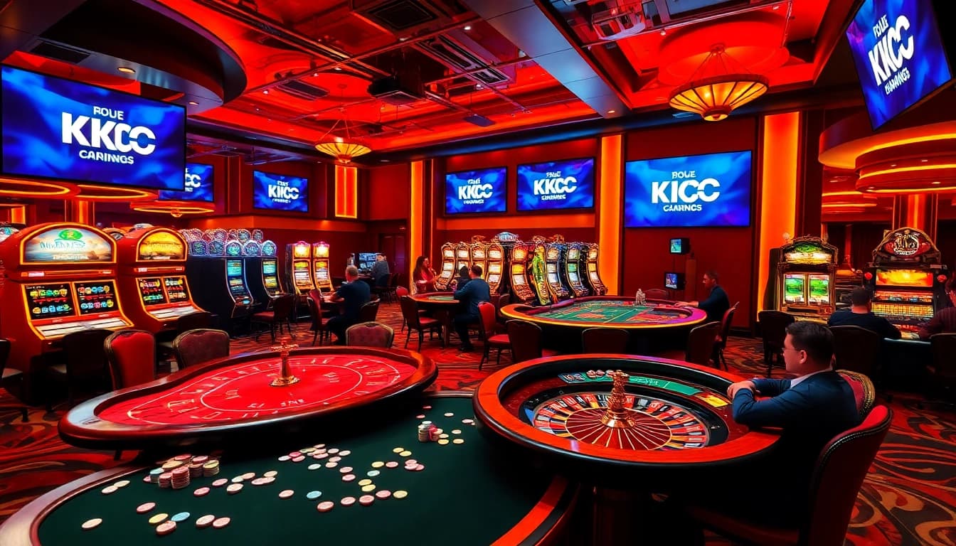 KJC members enjoying a thrilling game at a luxurious casino with poker tables and vibrant slot machines.