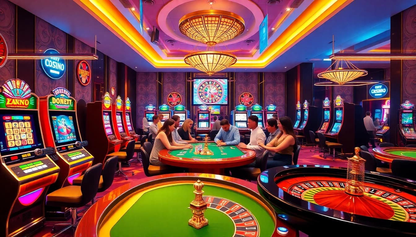 Exciting gaming action at https://xx88casino.com showcasing vibrant slot machines and poker tables.