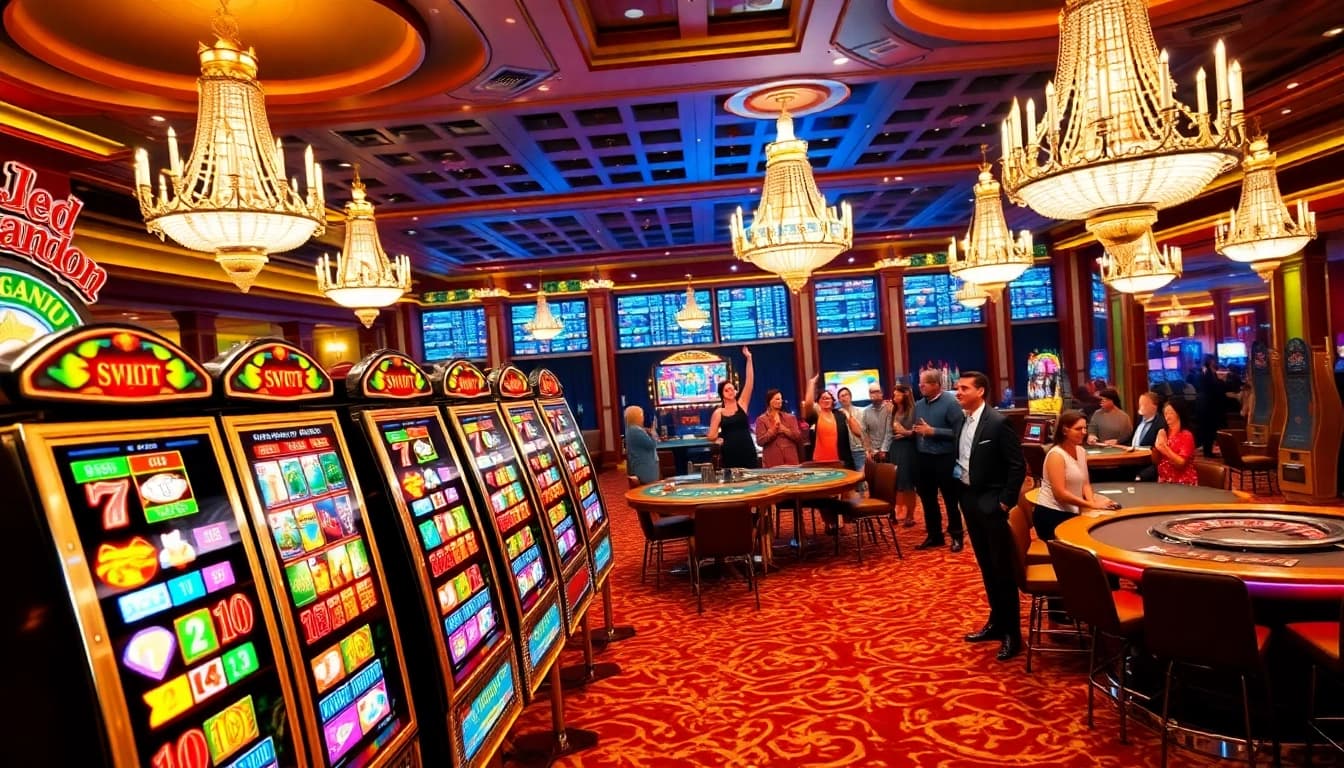 Excited players winning at a 슬롯사이트 showcasing luxury casino elements and lively gaming atmosphere.